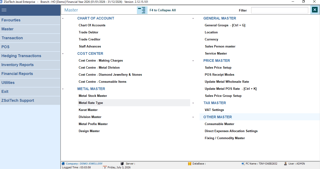 ZSolTech Jewel Enterprise desktop jewelry ERP system (on-premise) — Master menu showing Chart of Accounts, Cost Centres, Metal Master, Karat Master, Price Master with Update Metal POS Rate (Ctrl+K) and VAT settings