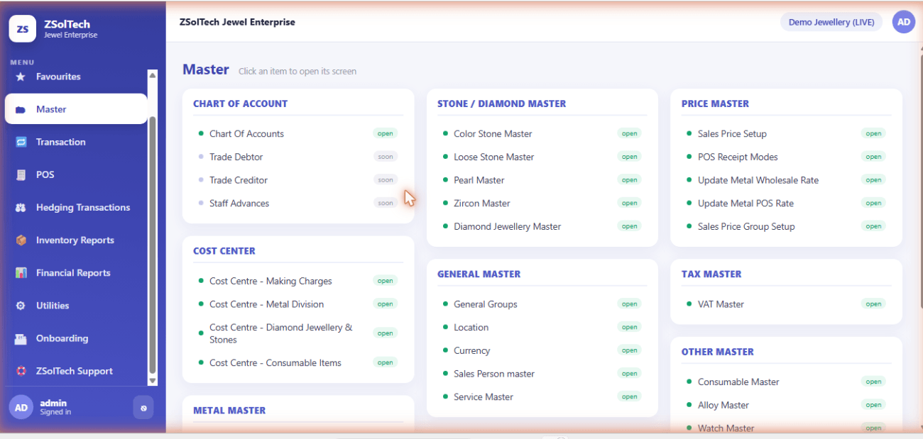 ZSolTech Jewel Enterprise jewelry ERP system Master menu (web edition) — Chart of Accounts, Cost Centres, Metal Master with Karat and Division setup, Stone and Diamond Masters, Price Master with metal rate updates, and VAT tax settings