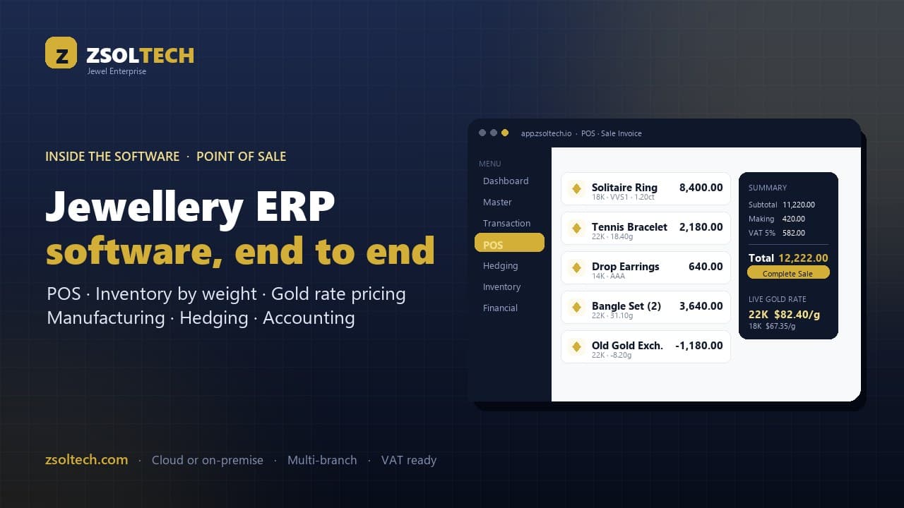 Jewellery ERP software POS sale invoice priced by weight — solitaire ring, gold tennis bracelet and old-gold exchange with live 22K and 18K gold rates in ZSolTech Jewel Enterprise